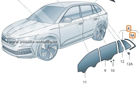 658845297C Levý trojúhelník vzadu pevný + chromový rámeček Škoda Scala NW, Kamiq NV