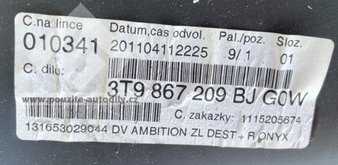 3T9867209BJ tapecír dveří levý zadní, 3T9861333 Protisluneční roleta Škoda Superb II 3T combi